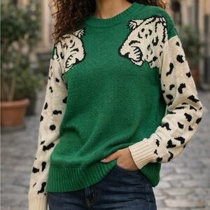 Green Leopard Graphic Knit Sweater Animal Print Statement Sleeves XL